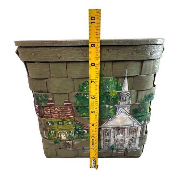 Vtg Hand-Painted Green Picnic Basket Purse Church Steeple Handle Village Scene - Picture 3 of 11